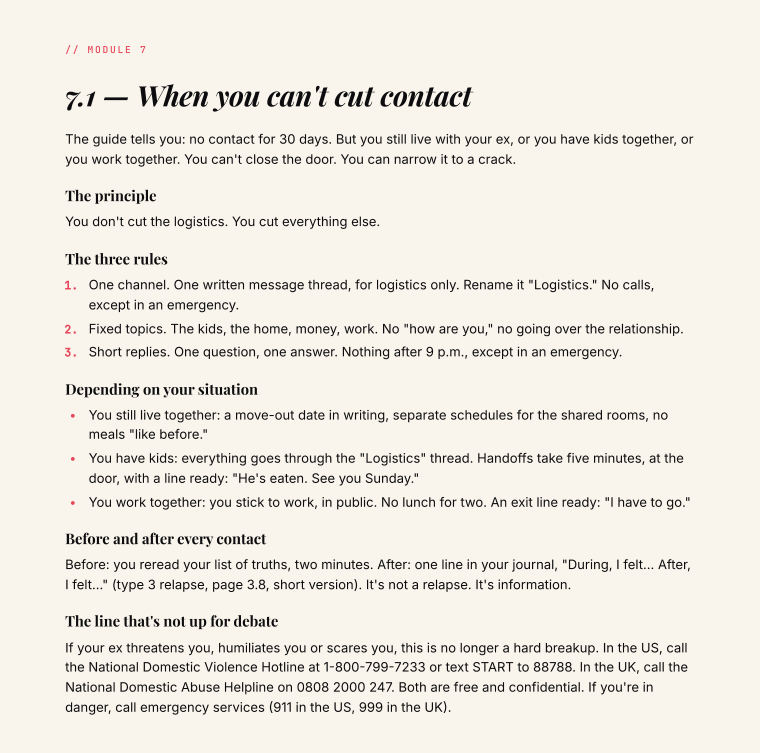 Page 48 of the guide: 7.1, when you can't cut contact. One channel, fixed topics, short replies.