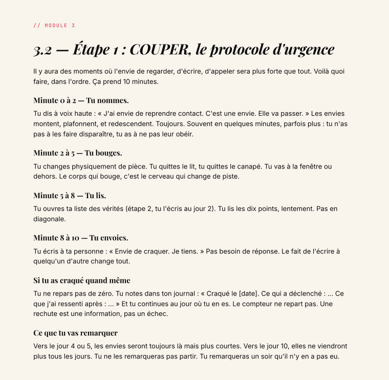 Page 18 du guide : le protocole d'urgence quand l'envie de reprendre contact revient.